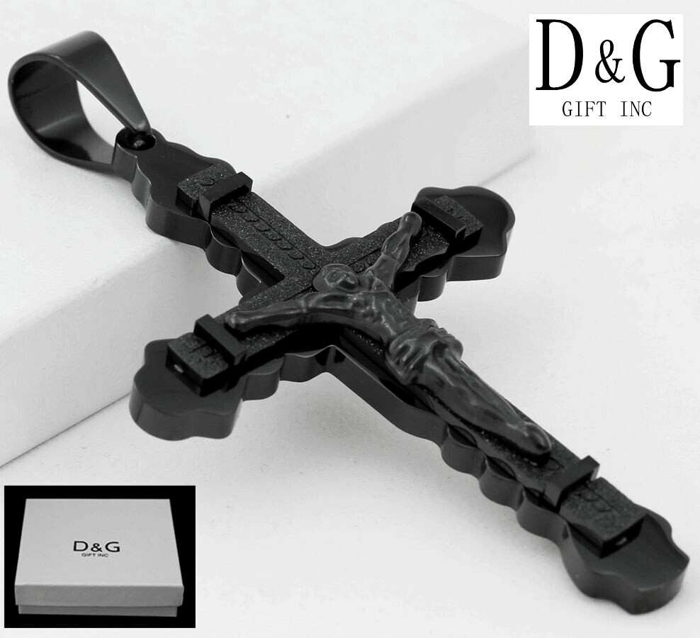 DG Men’s Stainless Steel,JESUS CROSS 93mm Black Large Pendant Ion Plated Box