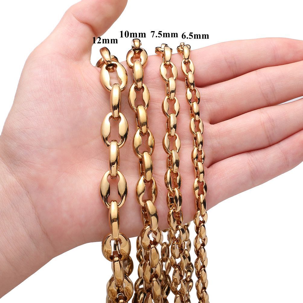 6.5/7.5/10/12mm New Men Women Chain Link Stainless Steel Coffee Beads Necklace