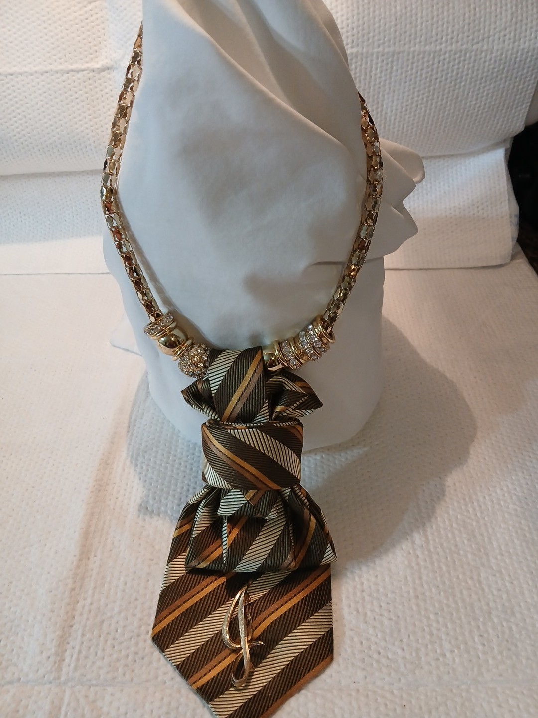 Womens Tie Necklace Repurpose Color Brown & Tan Comes With Broch & Necklace