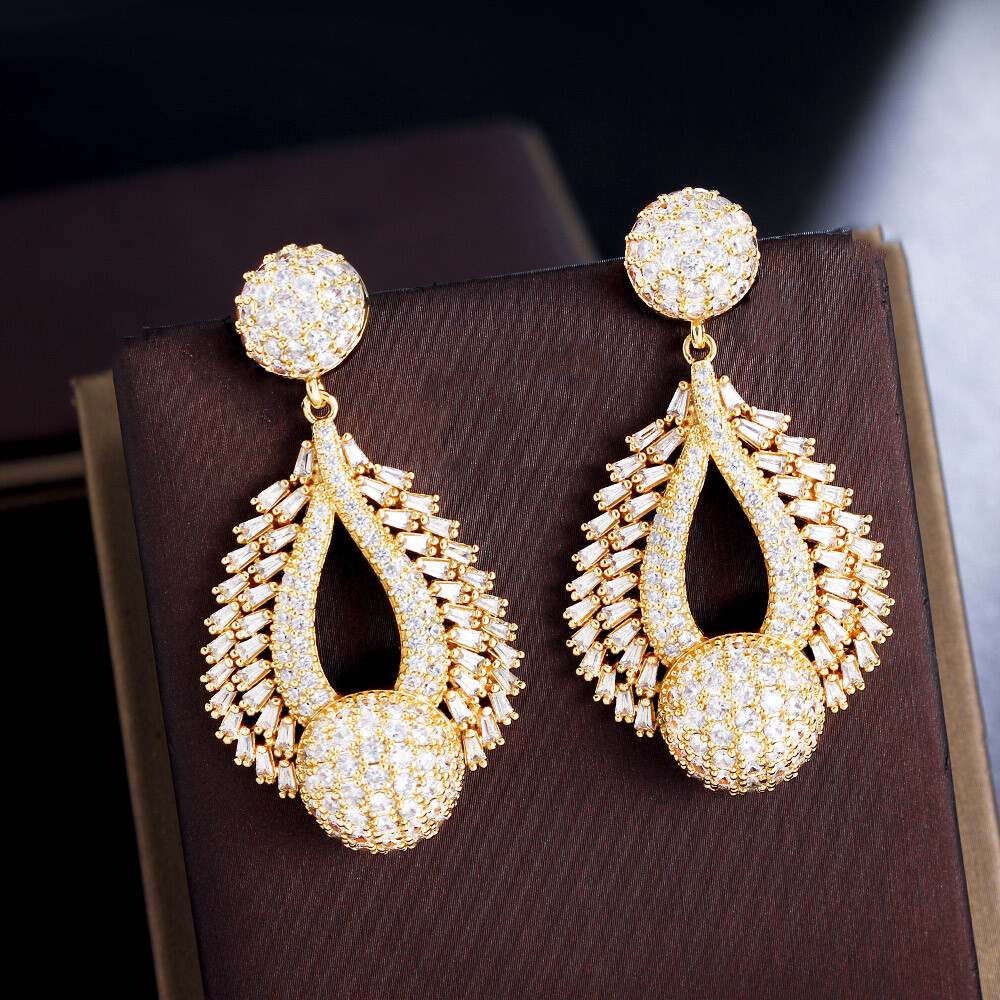 Exquisite Yellow Gold Plated CZ Zirconia Chandelier Dangle Drop Wedding Earrings