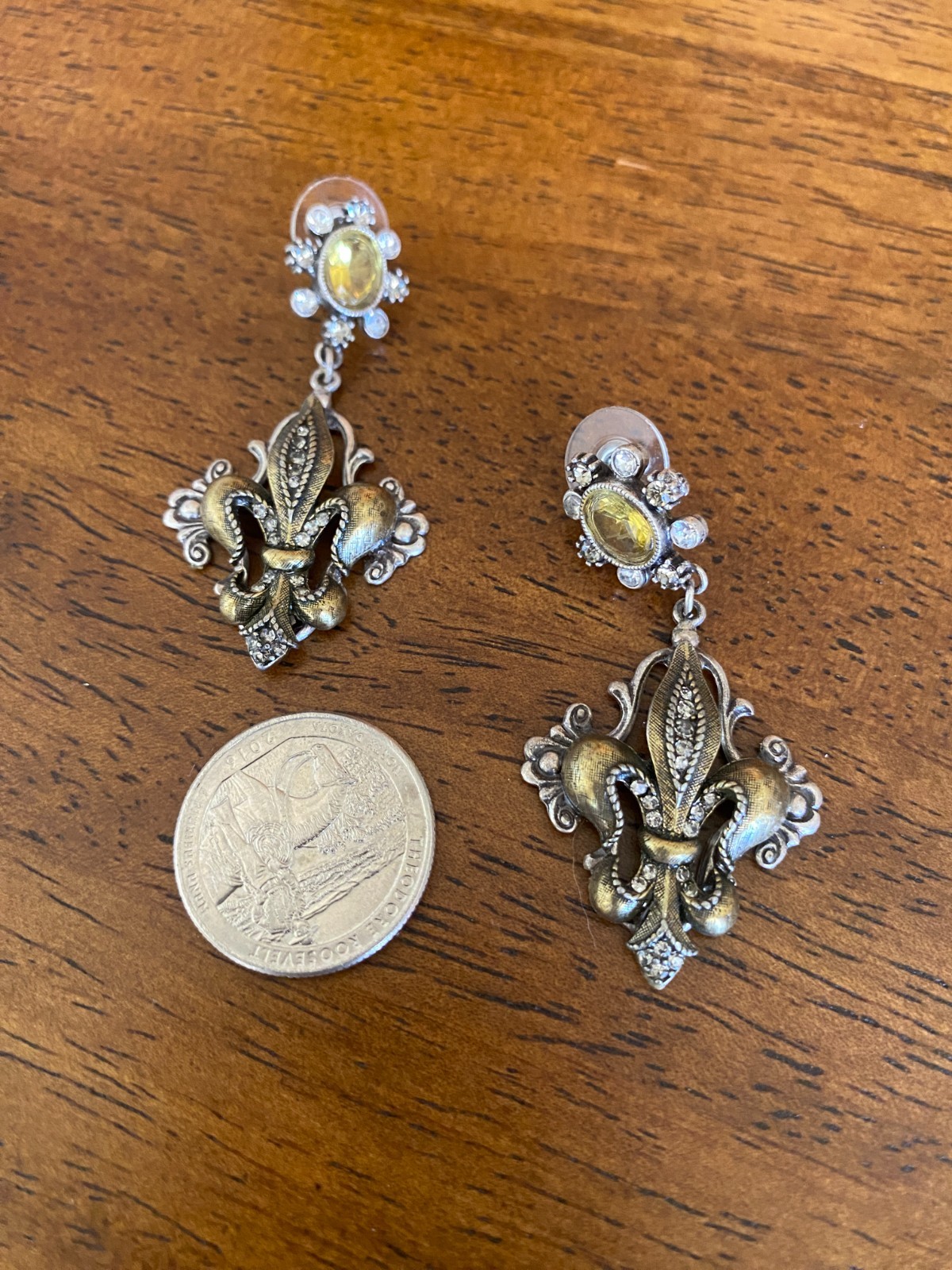 Sweet Romance French Fleur De Lis Earrings Burnished Silver & Bronze & Crystals