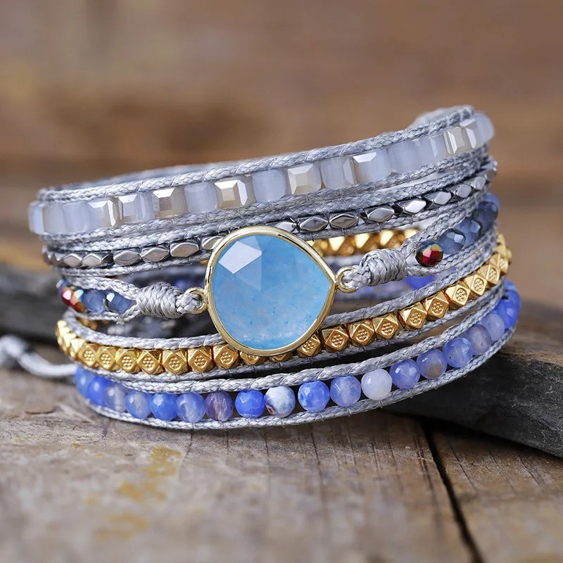 Blue Quartz Stack Strand Wrap Leather Bracelet 32.5 inches and 3 closures