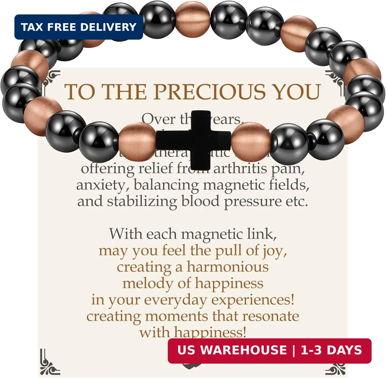 Feraco Pure Copper Magnetic Bead Bracelet for Men Women, 8mm 99.99% Solid Copper