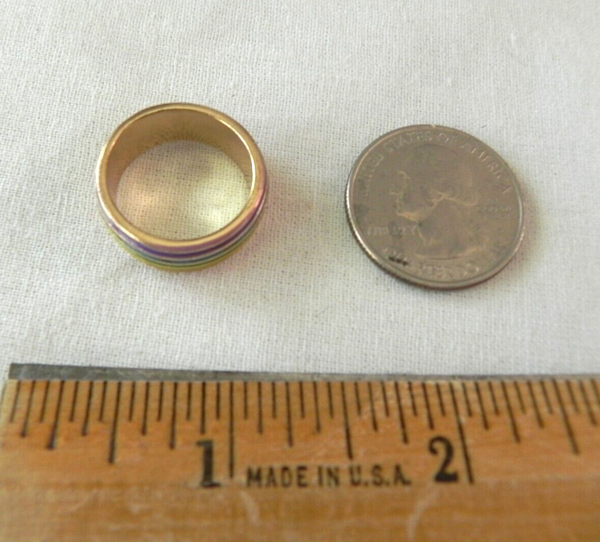 Rainbow Stripe Enamel Ring Women Size 7 Gold tone Stainless Retro Style