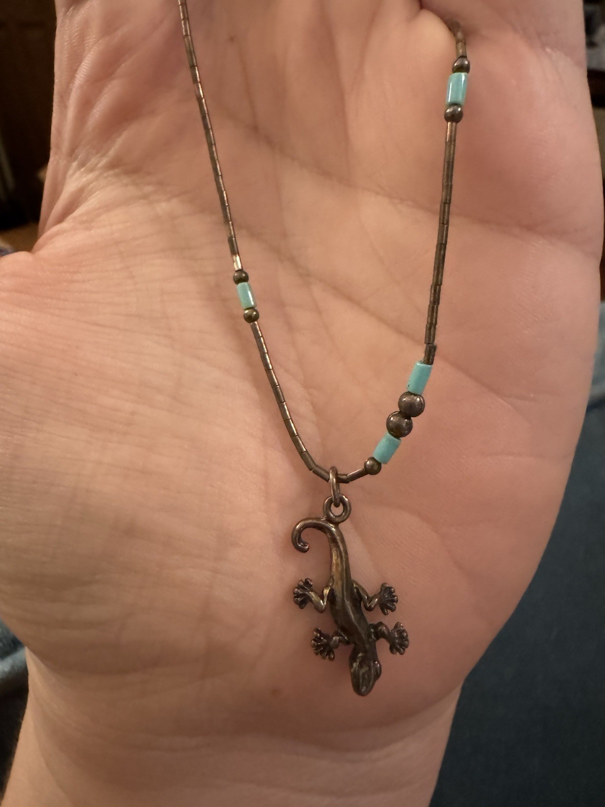 Signed Sterling Silver & Turquoise Heishi Southwestern Lizard Pendant Necklace