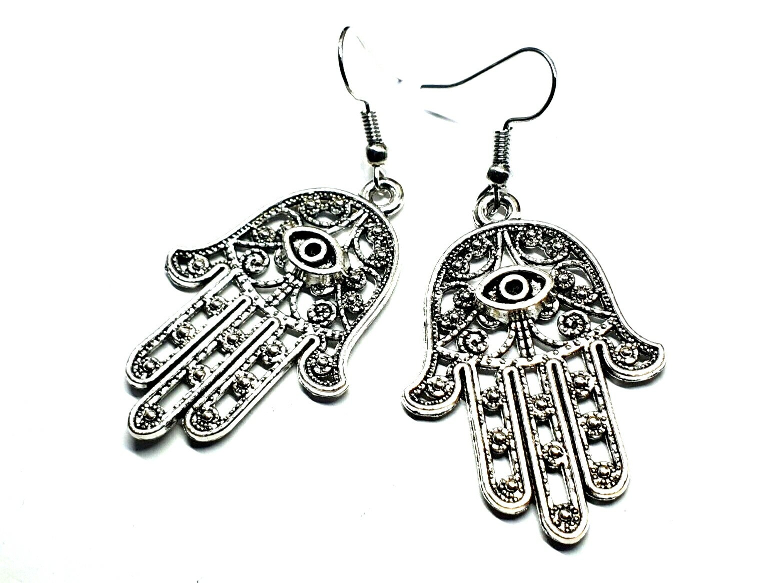 Large Hamsa Earrings Evil Eye Protection Filigree Silver Drop Dangle Jewellery
