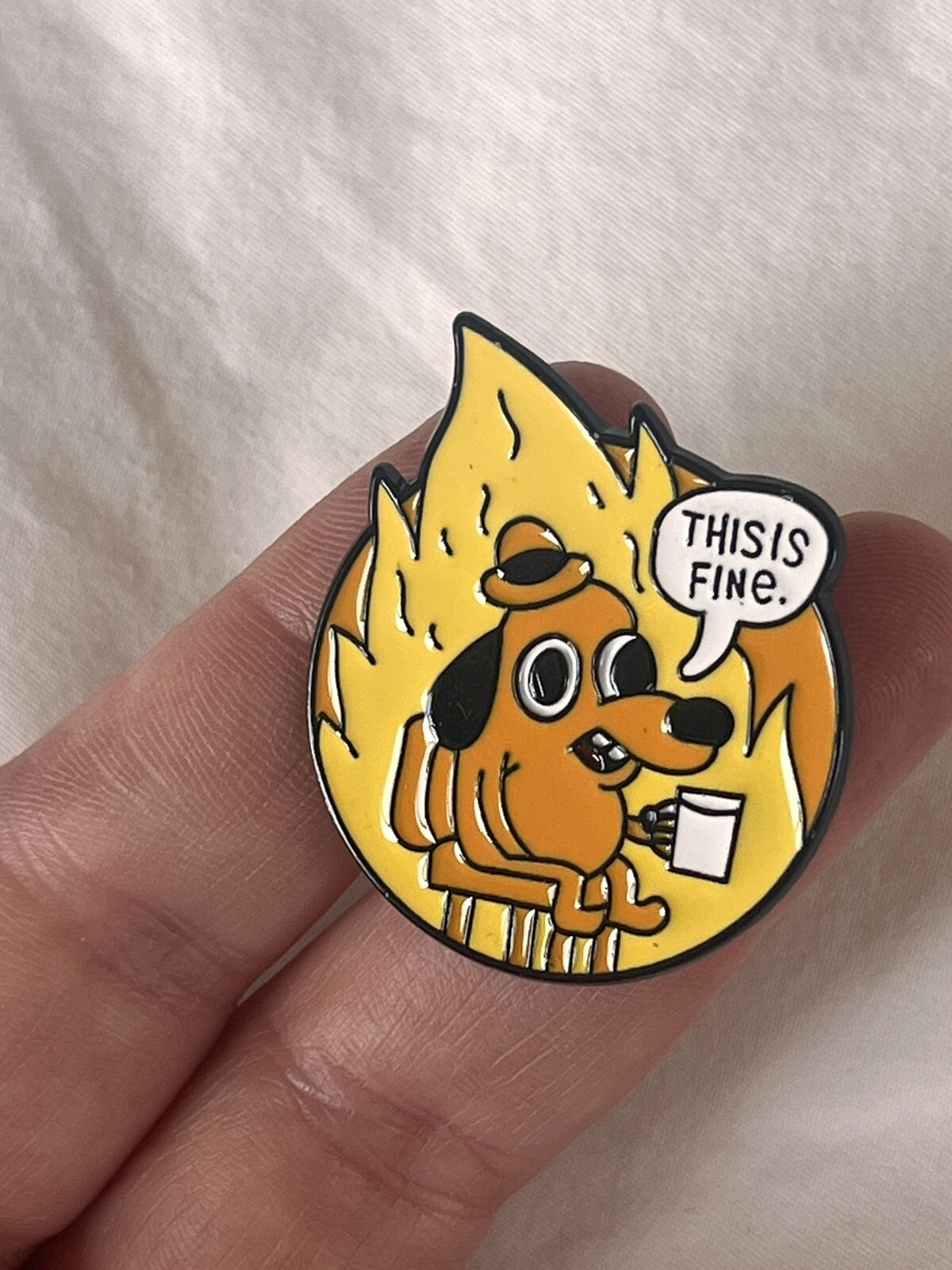 “This Is Fine” Funny Meme Dog Flame Room Enamel Pin – Excellent Condition