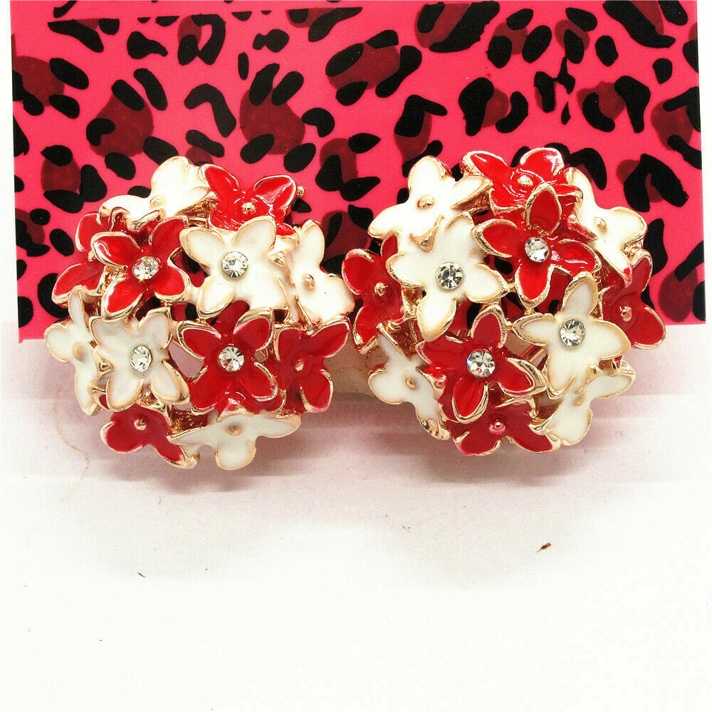 New Gold White & Red Enamel Cluster Bouquet Button Style Flower Stud Earrings