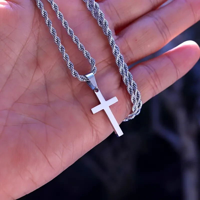 Men Stainless Steel Cross Pendant Necklace Hip Hop Simple Chain Silvery Gift New