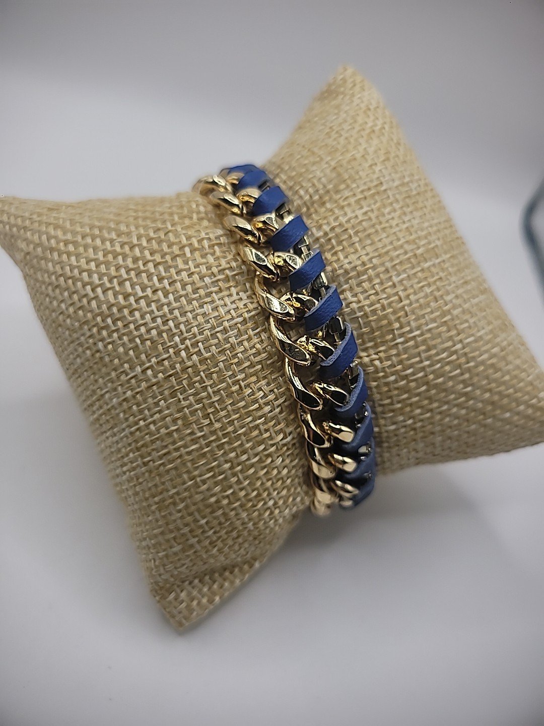 Vintage Ettika Bracelet Gold Tone Chain Leather Braided Blue Purple Jewelry