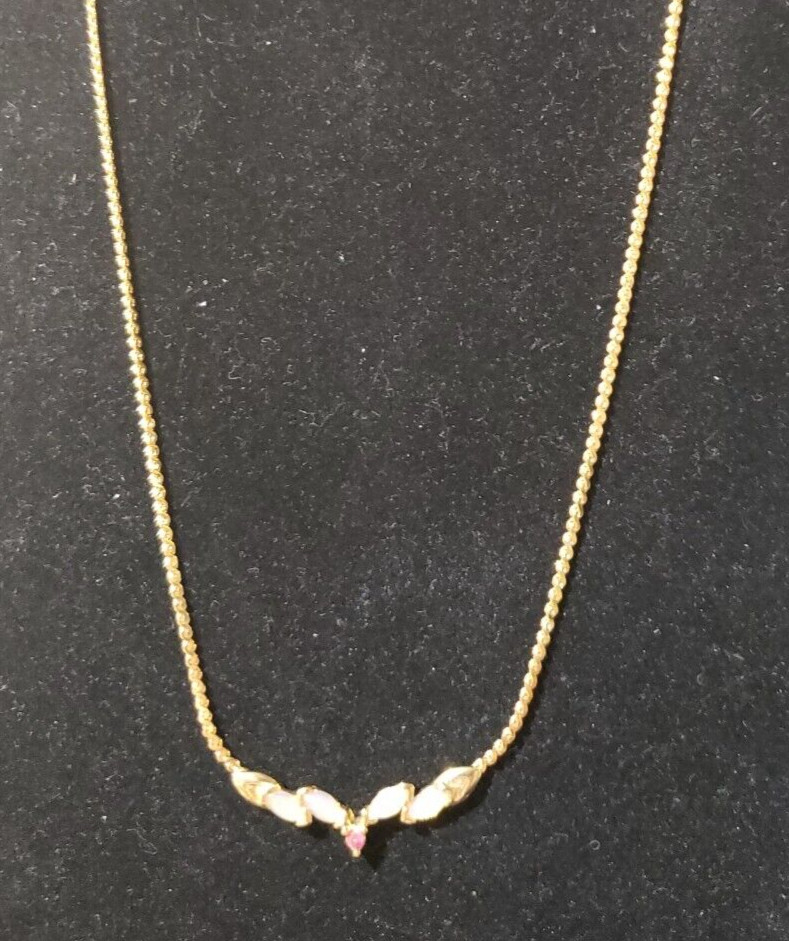 NEW GOLD TONE NECKLACE, GENUINE RUBY & OPALS, 18″ GOLD PLATED SERPENTINE CHAIN