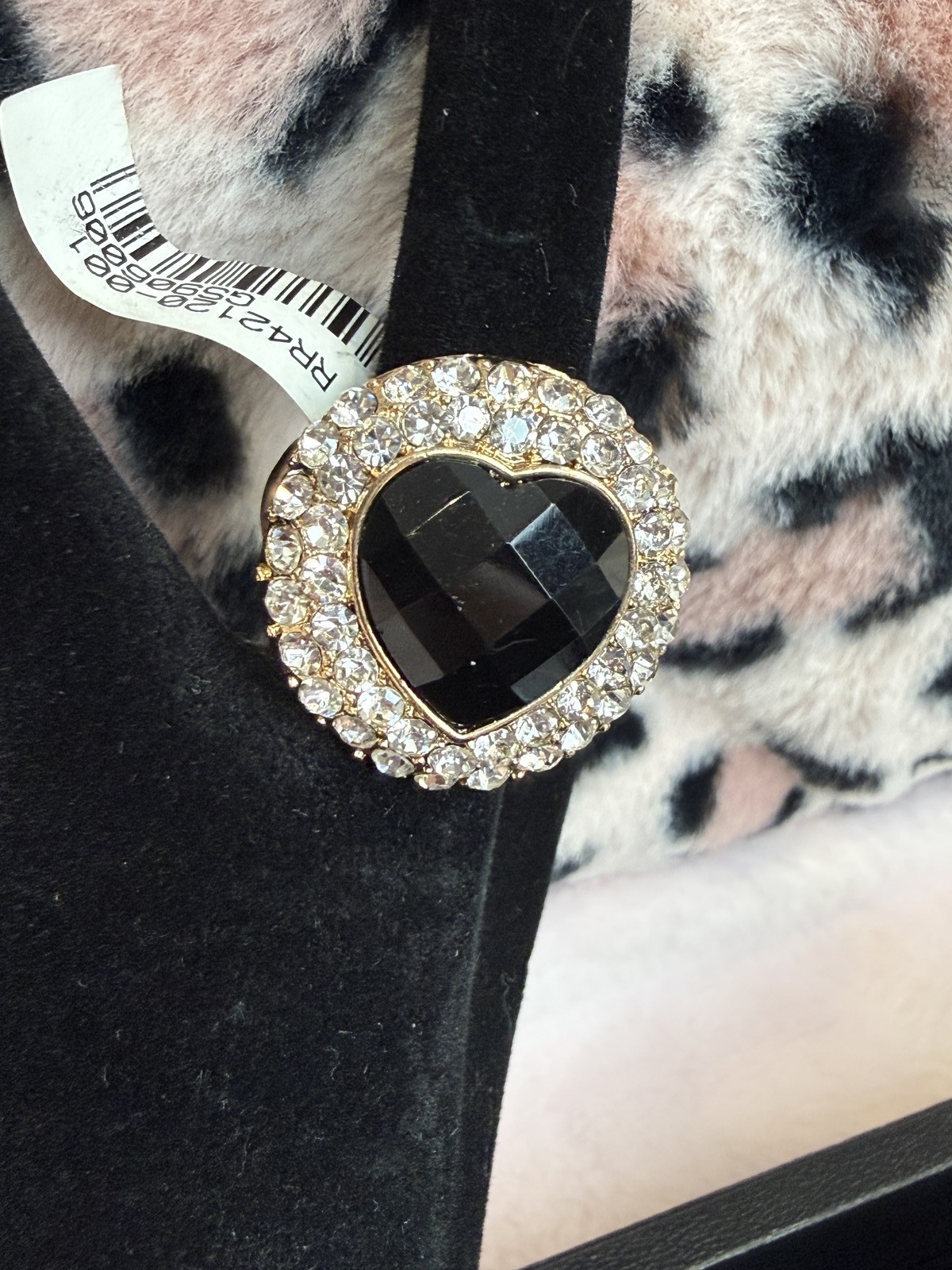 Gold Tone Statement Cocktail Ring Black Heart Stone Crystal Rhinestone Halo