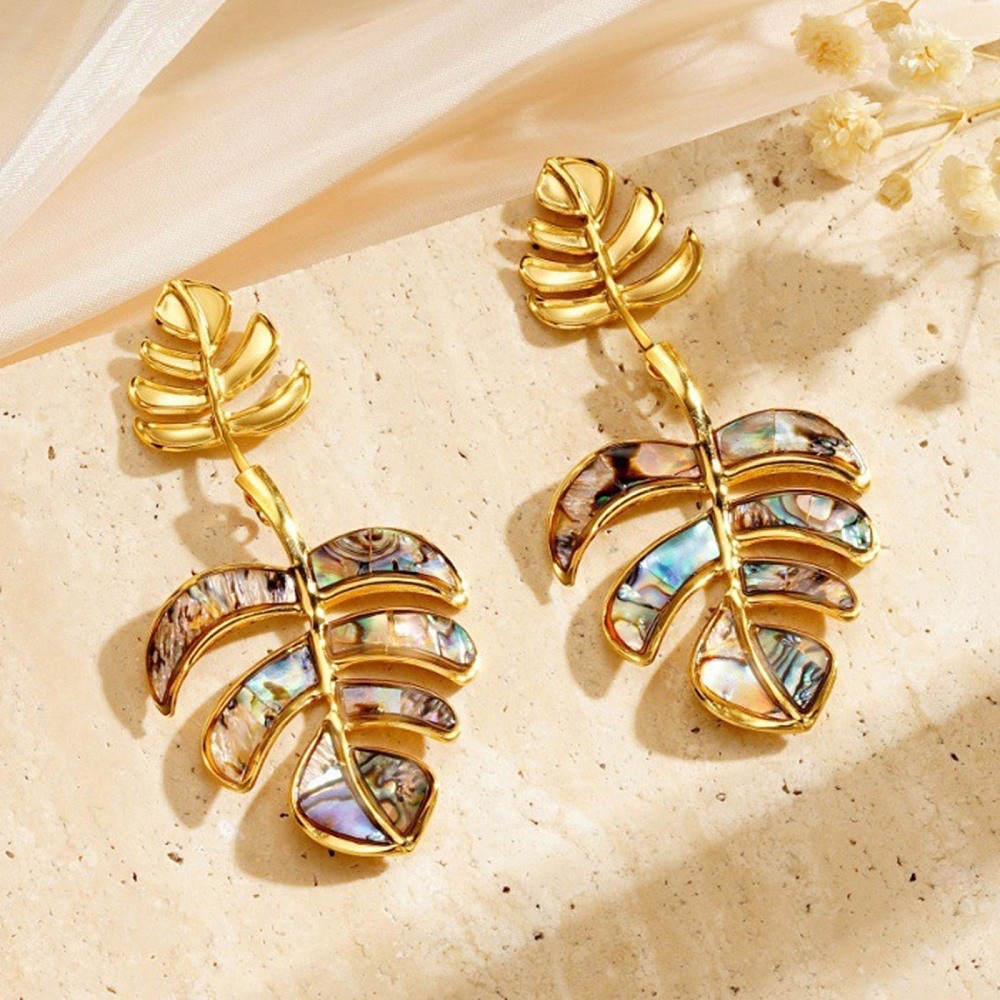 Gold Tone Stainless Steel Abalone Shell Monstera Leaf Statement Earrings