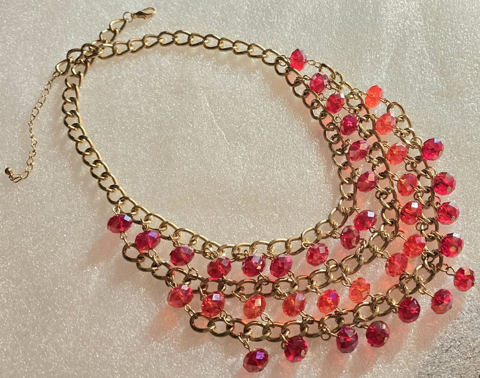 Fashion Red Aurora Borealis Glass Beads Beaded Chain Bib Statement Necklace