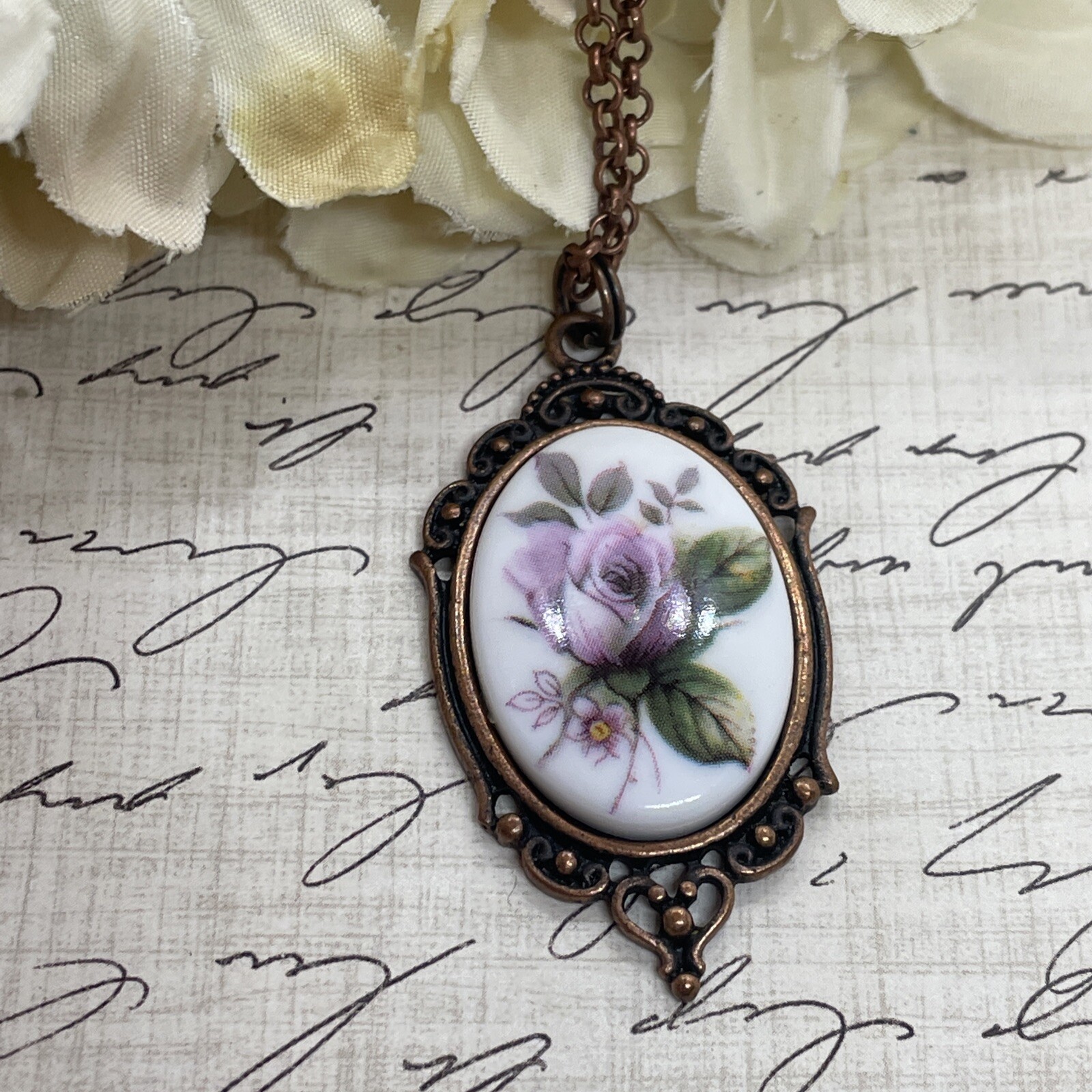 Mauve Rose Copper Heart Frame Necklace Pendant Mom Daughter Gift Wife Lilac