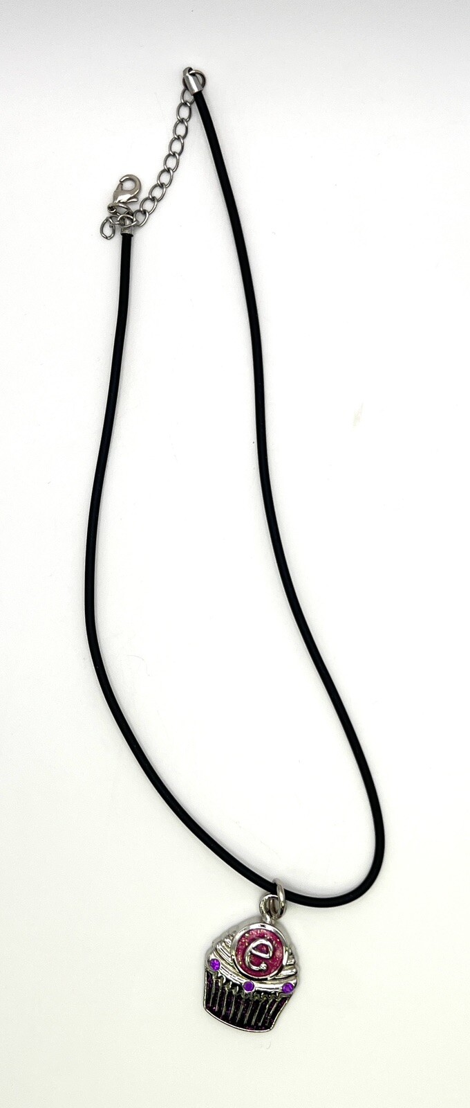 Harvey Lewis Purple Pink Silver Cupcake Black Cord Pendant Necklace 16”