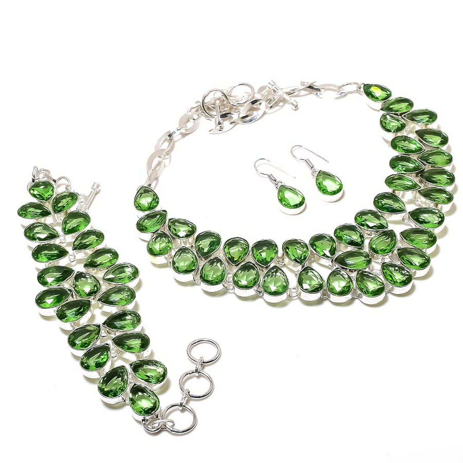 Green Amethyst Pear Shape Gemstone Jewelry Set Unique Necklace Bracelet Earrings