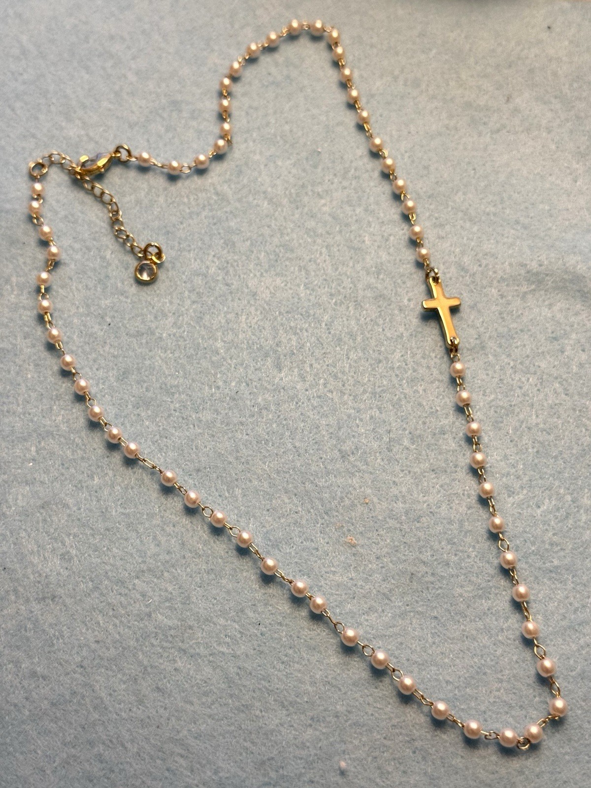 Gold Tone Cable Chain Necklace White Faux Pearl Beads Cross Charm Lobster