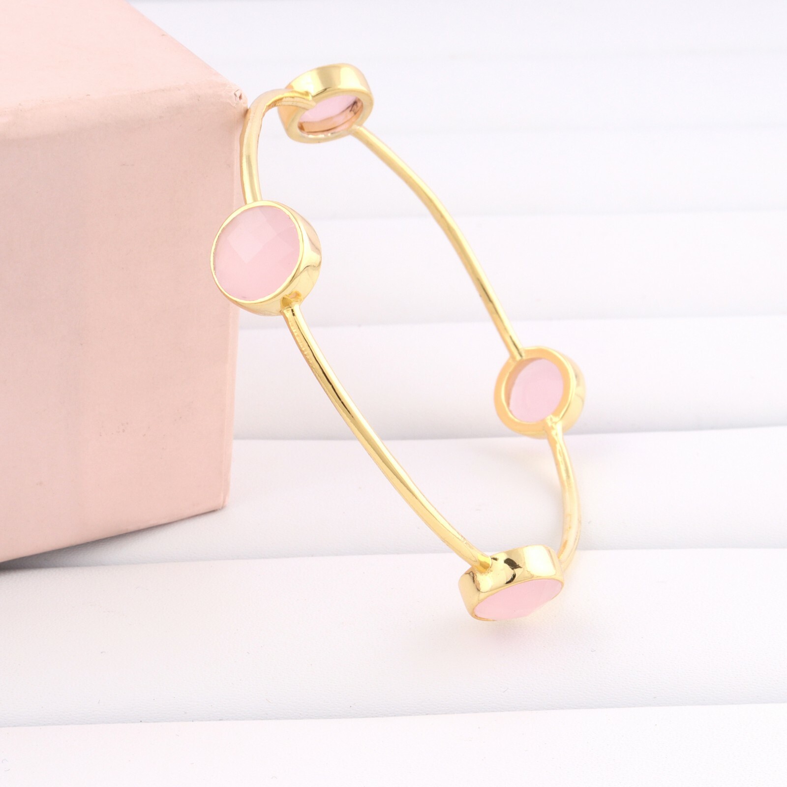 Good Quality Multi Color Chalcedony Yellow Gold Plated Sizable Bangle Bracelets
