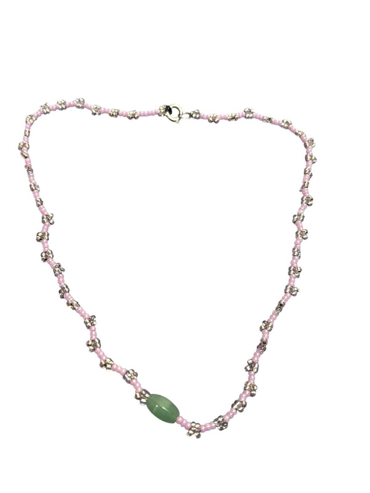 Artisan Seed Beed Necklace Jade Stone Pink Clear Silvertone Spring Ring Clasp