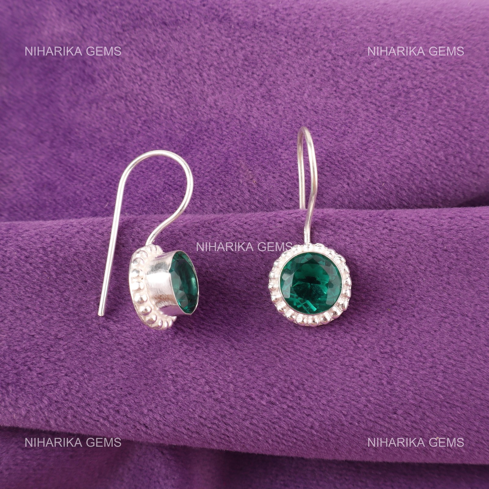 925 Sterling Silver Round Lab Green Emerald Gemstone Dangle Drop Hook Earrings