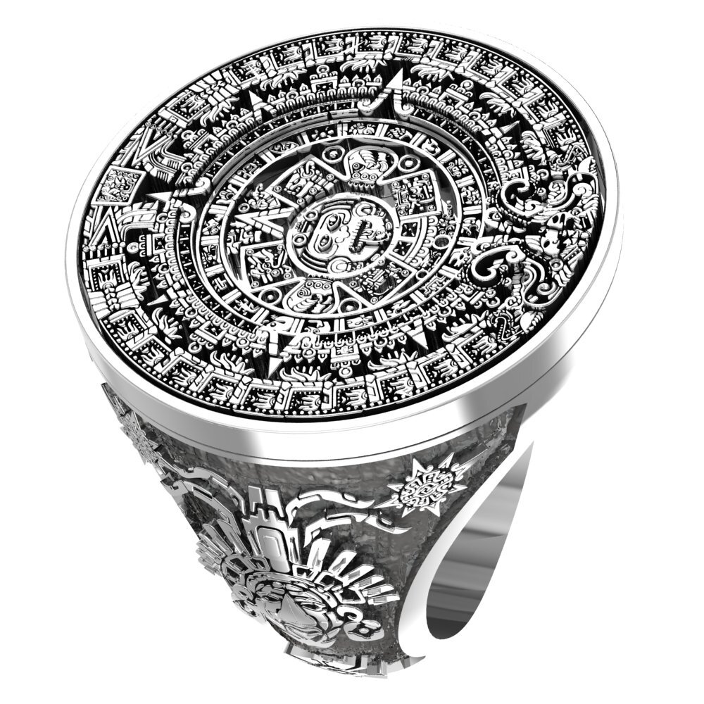 Men’s Tribal Aztec Mayan Calendar Ring, Mayan Rings 925 Sterling Silver