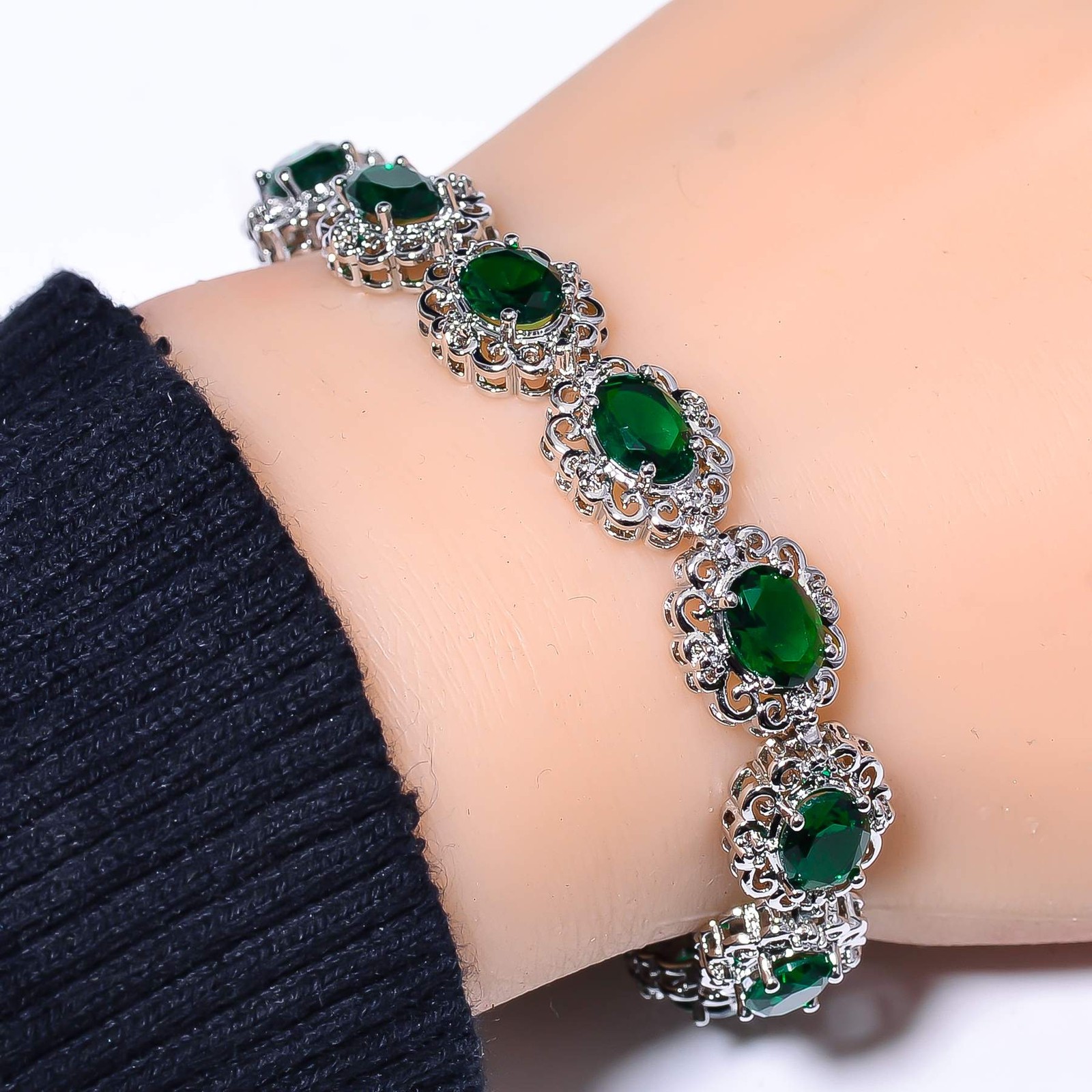 Tsavorite & Cubic Zirconia 925 Sterling Silver Tennis Bracelet 7.99″ B97337348