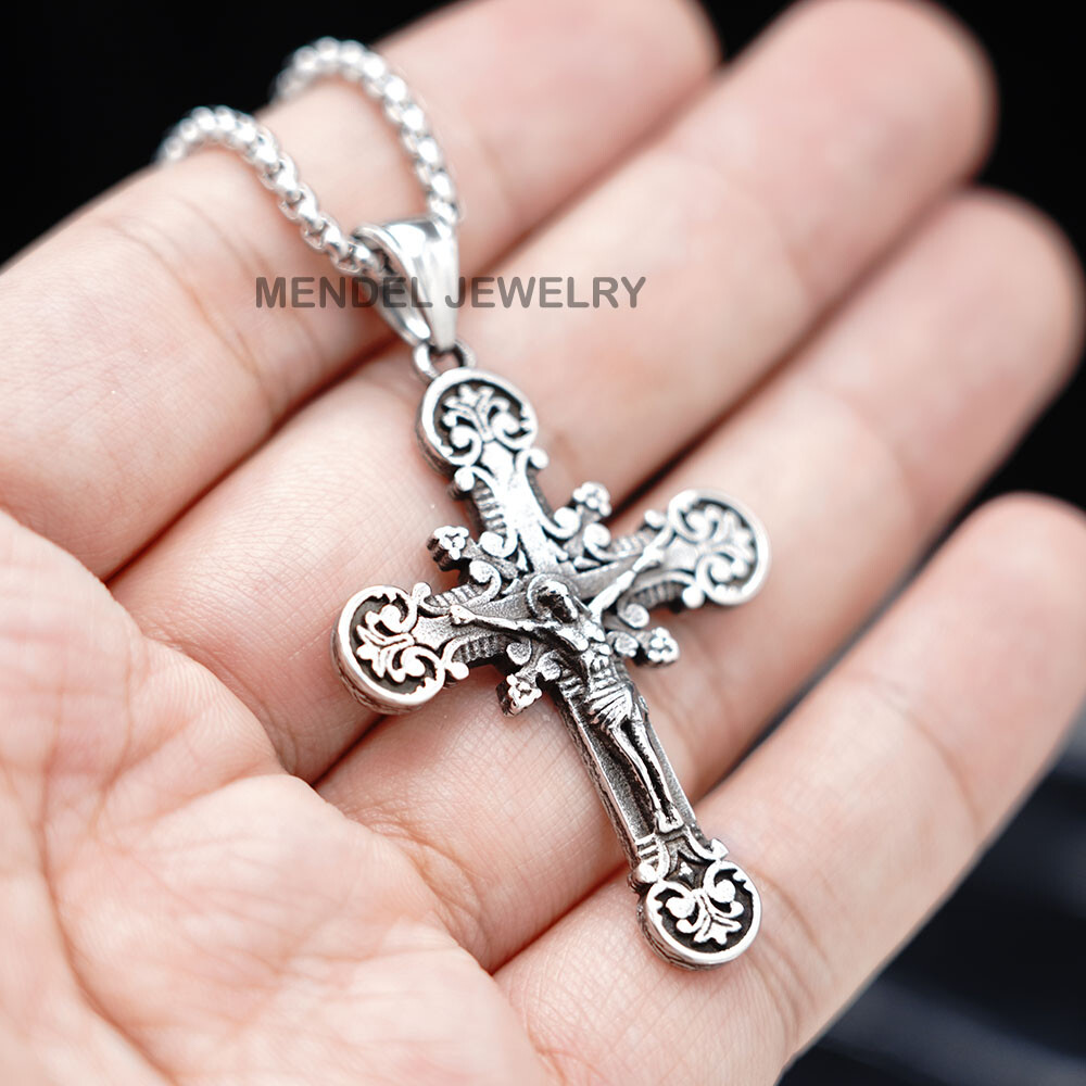 MENDEL Mens Stainless Steel Jesus Christ Crucifix Cross Pendant Necklace For Men