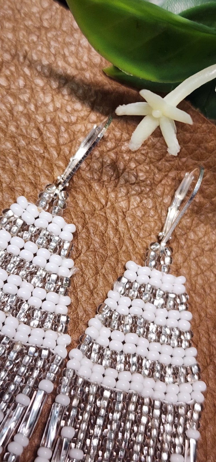 Elegant Brighton White Crystal Beads Earrings with Delicate Desi . Leght 3.5 In