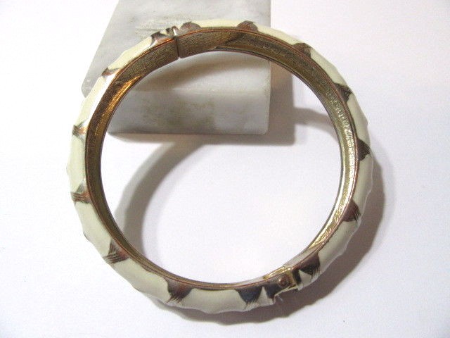 Off White Light Beige Enamel w Crystals Clamper Hinged Bracelet Modern