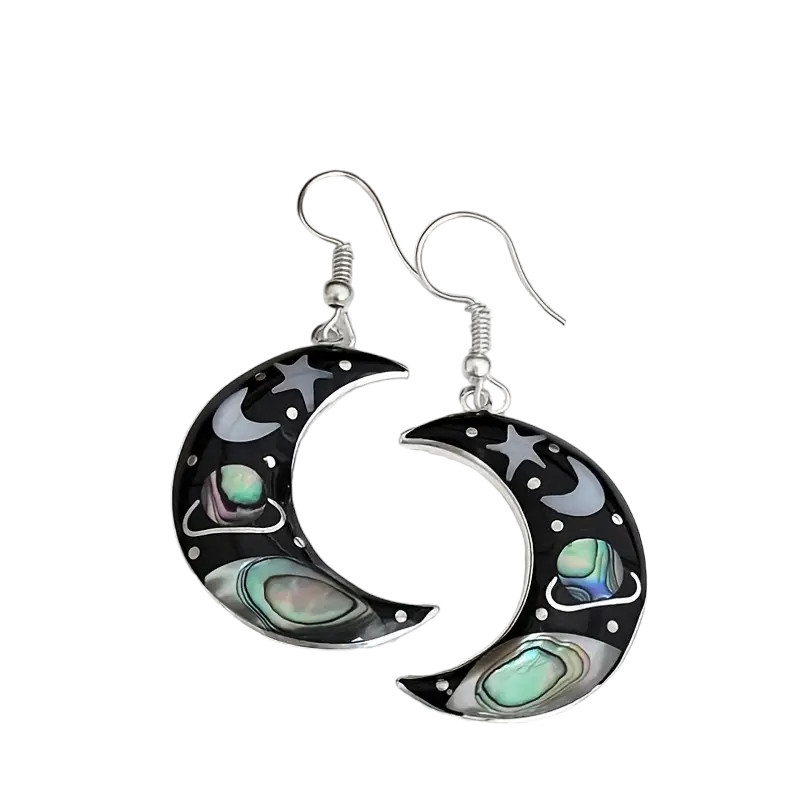 Zinc Alloy Retro Universe Starry Sky Crescent Silver Plated Hook Earrings – New