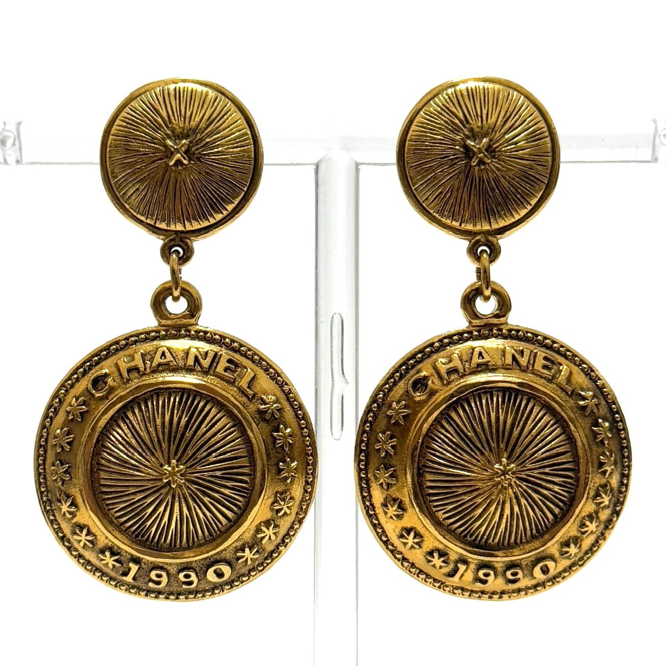 CHANEL Logo Earrings Gold Round Swing Clip-On Accessory Vintage Authentic JAPAN