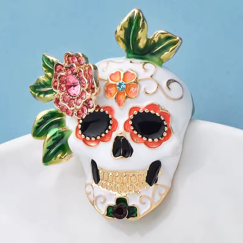 4.4*5.5cm Lady Enamel Skull Flower Skeleton Rhinestone Small Brooches Brooch Pin