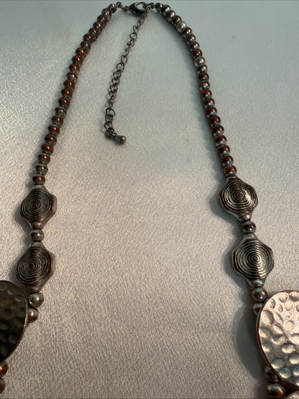 Retro Hammered Medallion And Beaded Necklace. 16 Inches Long Adjustable.