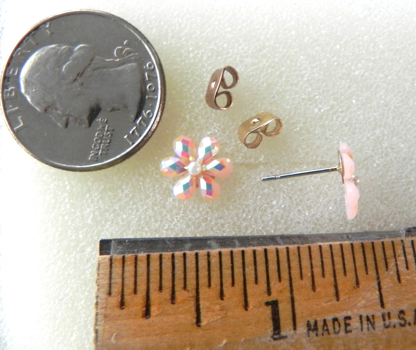 Small Pink Flower Stud Earrings Glitter AB Sparkle Plastic Resin Petals
