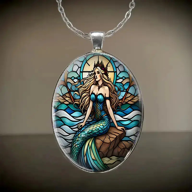 Mermaid Oval Jewelry Vintage Silvery Gothic Fantasy Pendant Necklace B