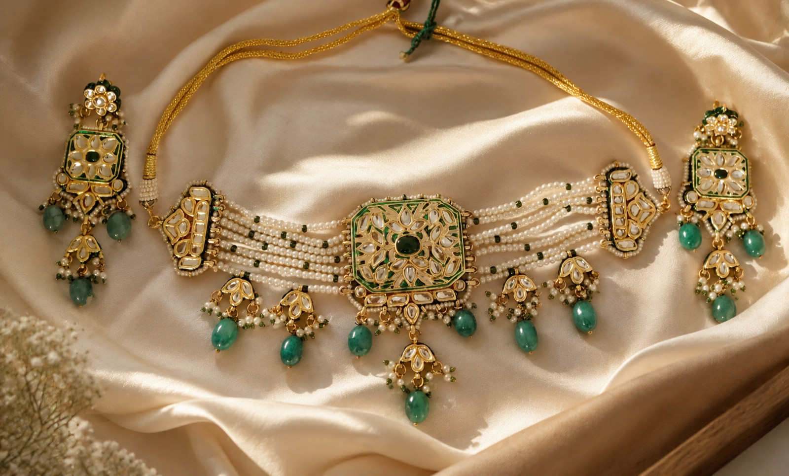 Royal Emerald Kundan Pearl Choker Necklace Set Traditional Bridal Roz Jewellers.