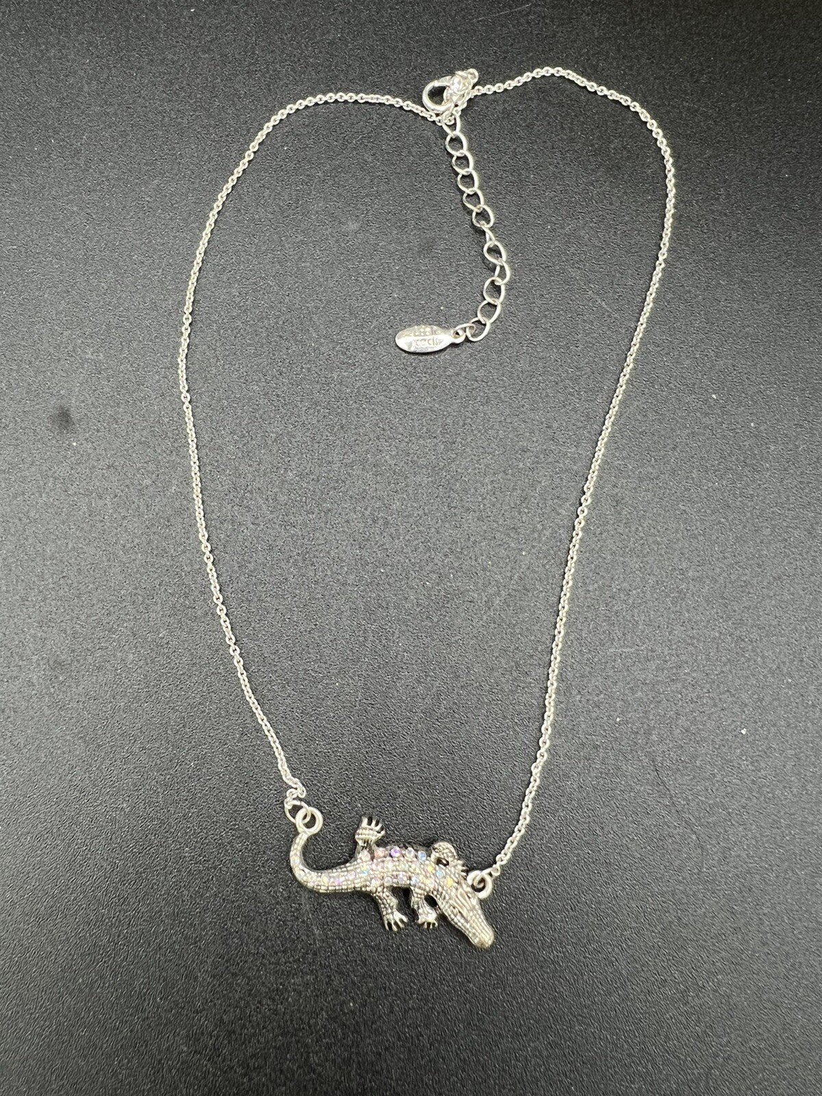 Adult Jewels Silver Tone Necklace Rhinestone Alligator Pendant 15-18”
