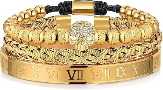 3 Pulseras De Acero Inoxidable Para Hombre Con Nãºmeros Romanos Dorados