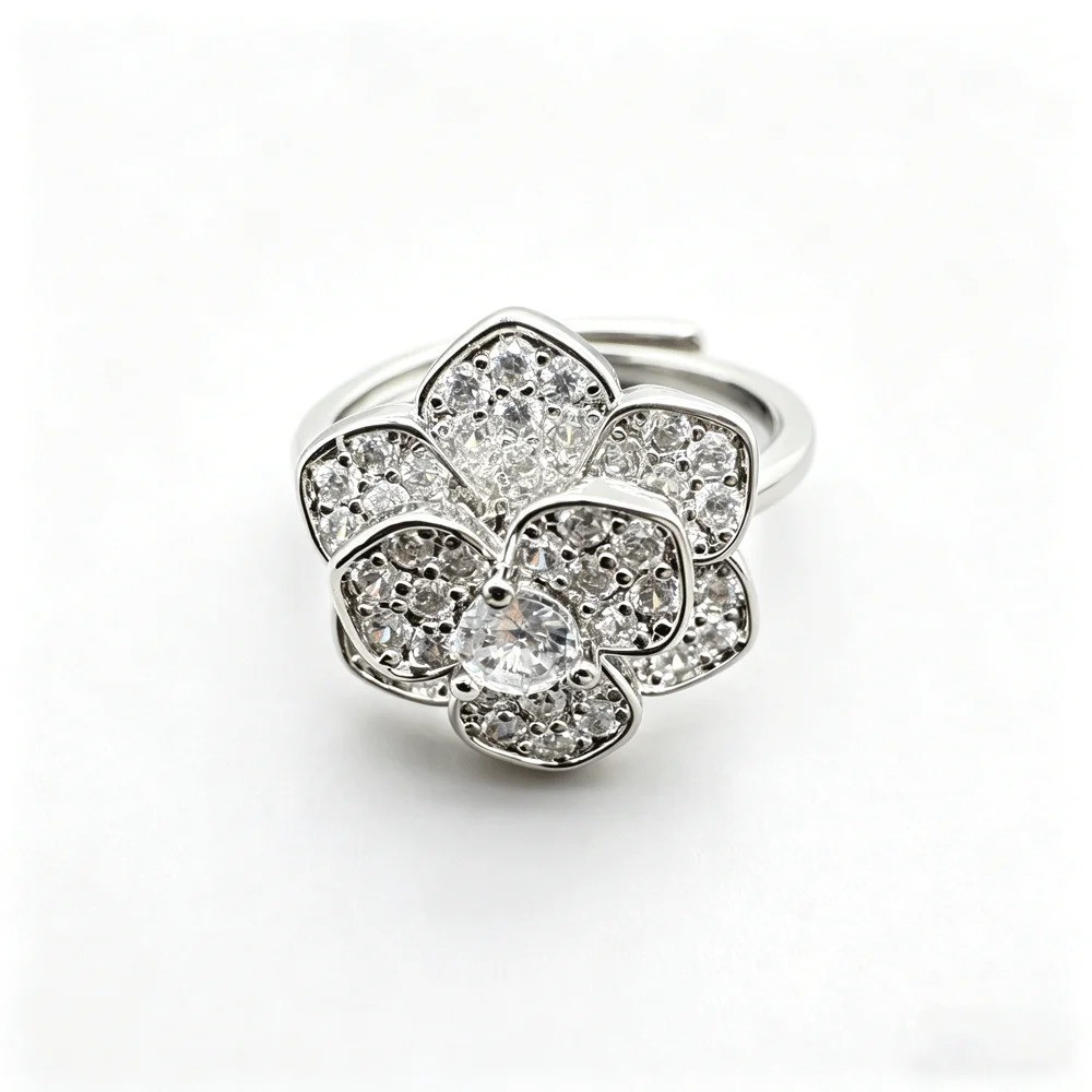 Luxury White Camellia Zircon Ring for Women – Silver Plated Floral Statement