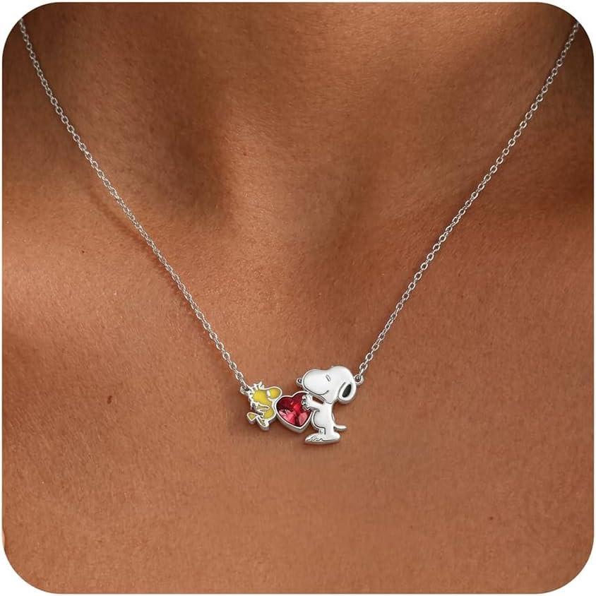 Peanuts Official Snoopy and Woodstock Necklaces, Silver Flash-Plated with Red Cr