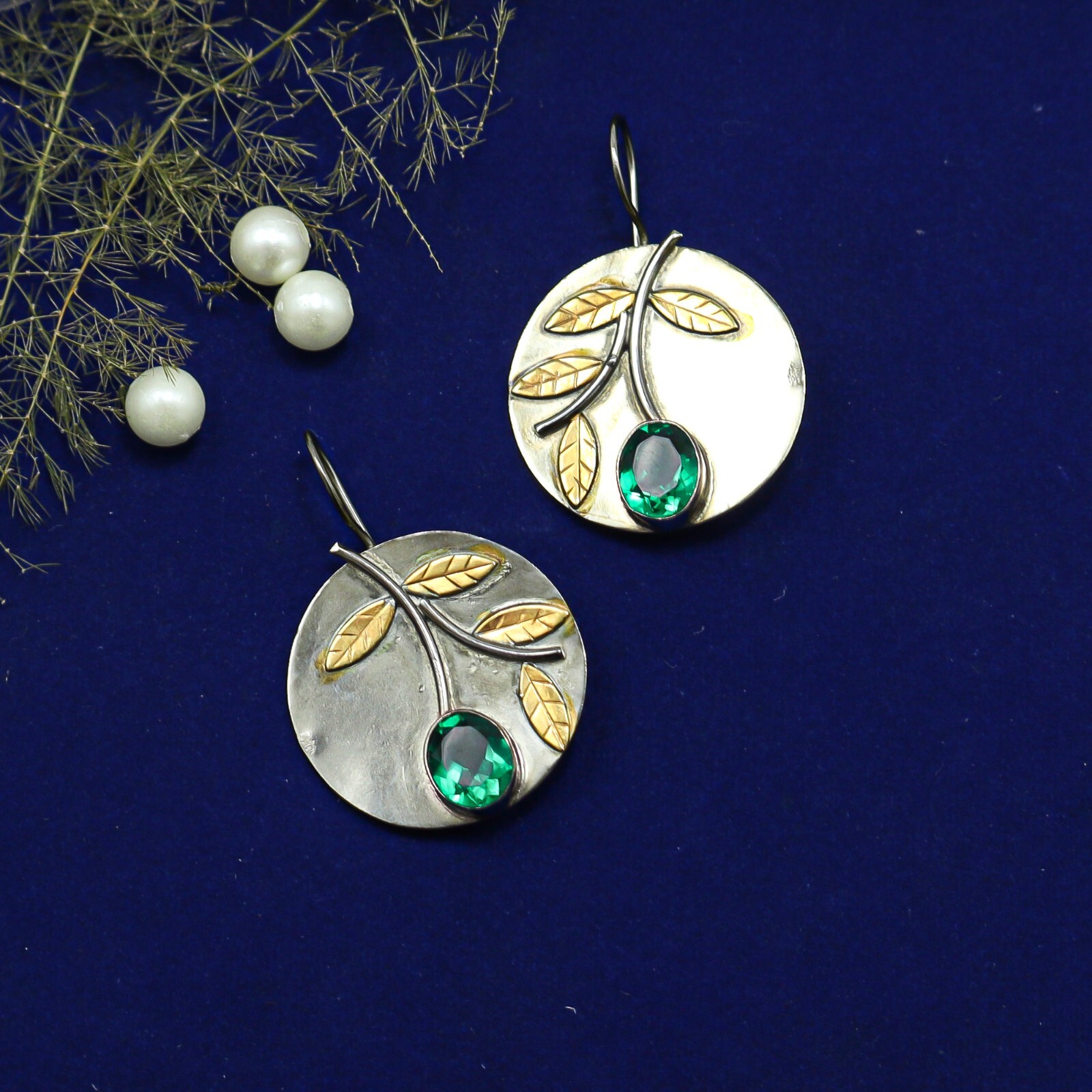 Emerald Gemstone Earrings 925 Sterling Silver Handmade Boho Jewelry For Her 1.7″