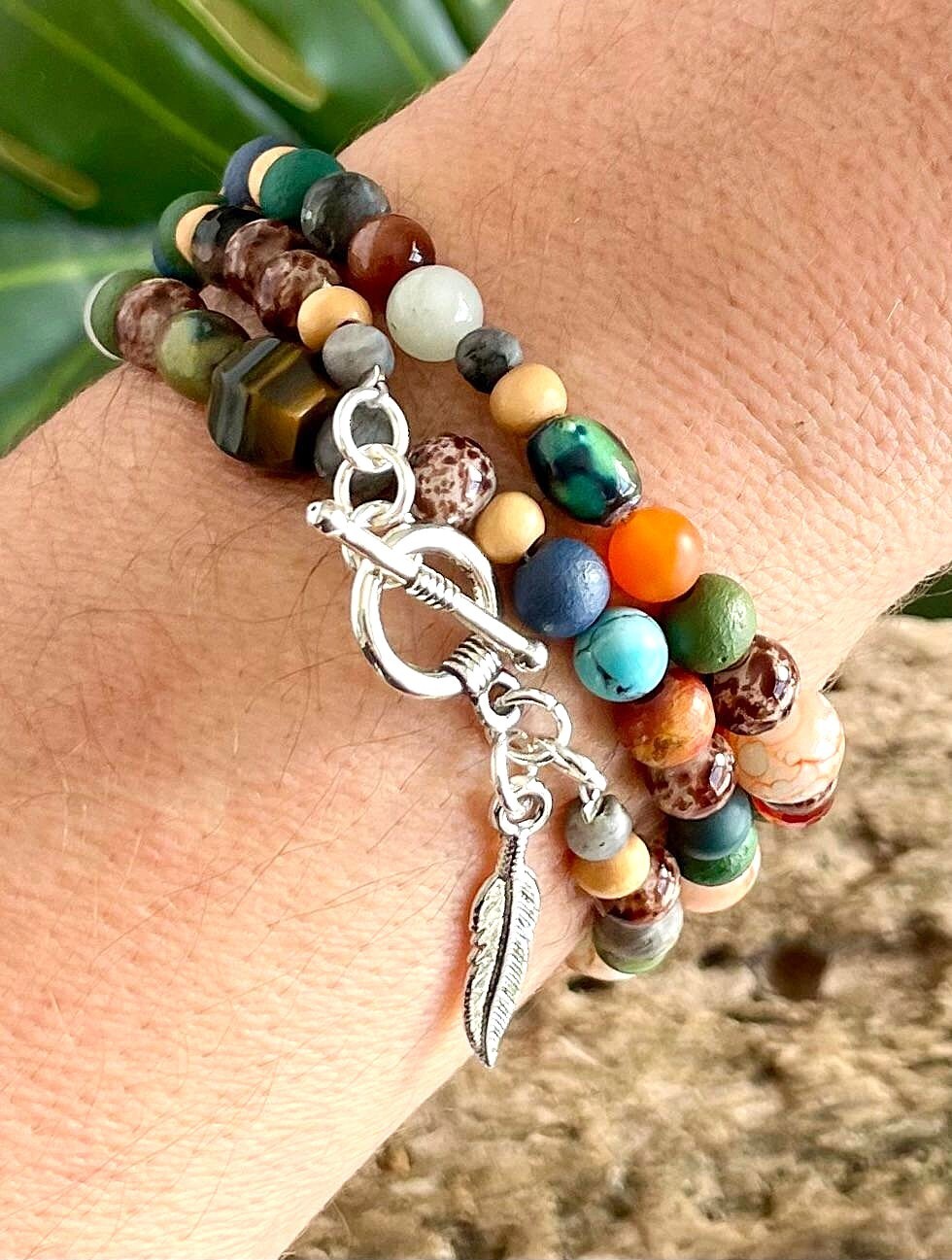 Women’s Boho Beaded Layered Wrap Around Bracelet/Necklace Gemstone Beads Feather