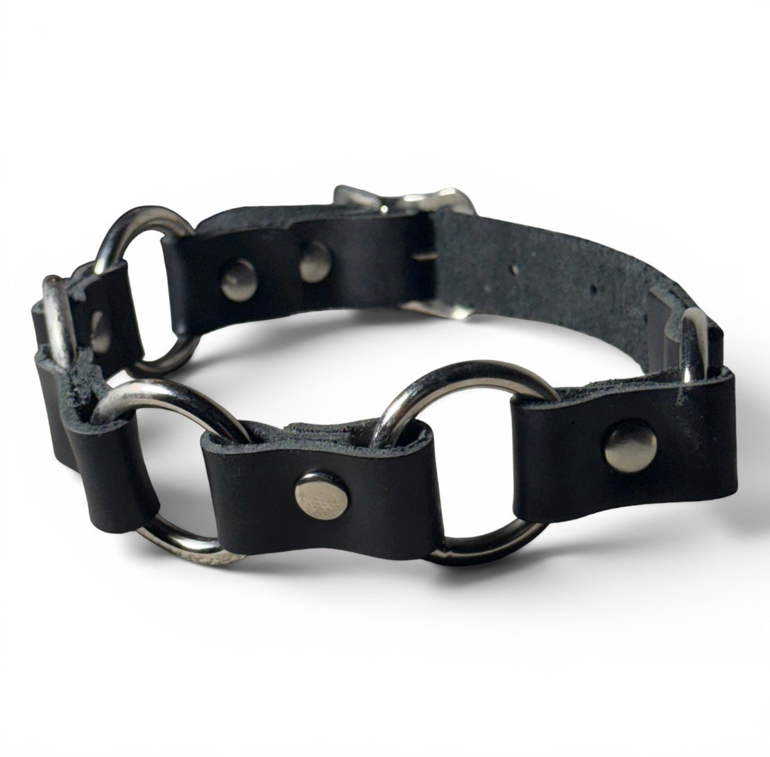 Handmade Genuine Leather Ring Choker Necklace 18″ Metal Studs Goth Alt Punk