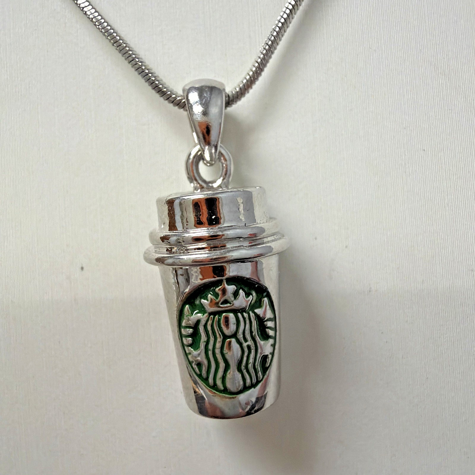 Silver-toned Charm 14-15″ Choker Necklace w/ mini coffee cup pendant Green Logo