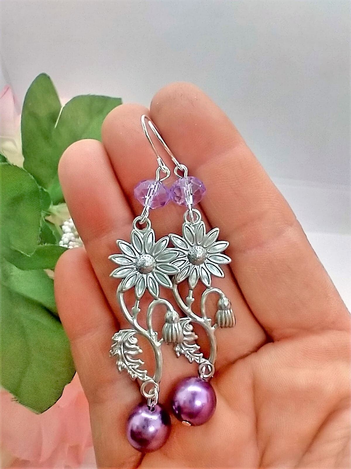 Purple Pearl Flower Leaf Branch Crystal Silver Dangle Earrings, HANDCRAFTED