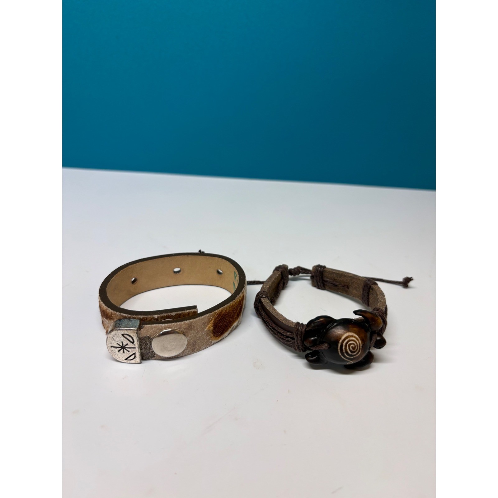 Boho Leather Bracelet Set Cowhide Hair-on Cuff & Carved Turtle Charm Brown