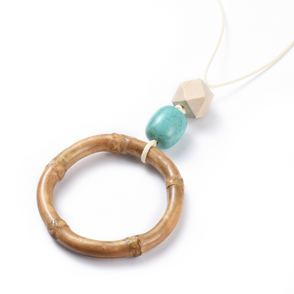 Bamboo Pendants Necklace Earrings Set Waxed Polyester Cord BurlyWood 18″ P759