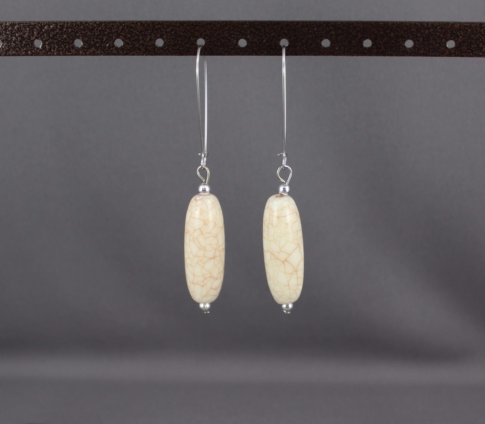 Cream Silver oval bead dangle earrings kidney wire dangly oblong beads