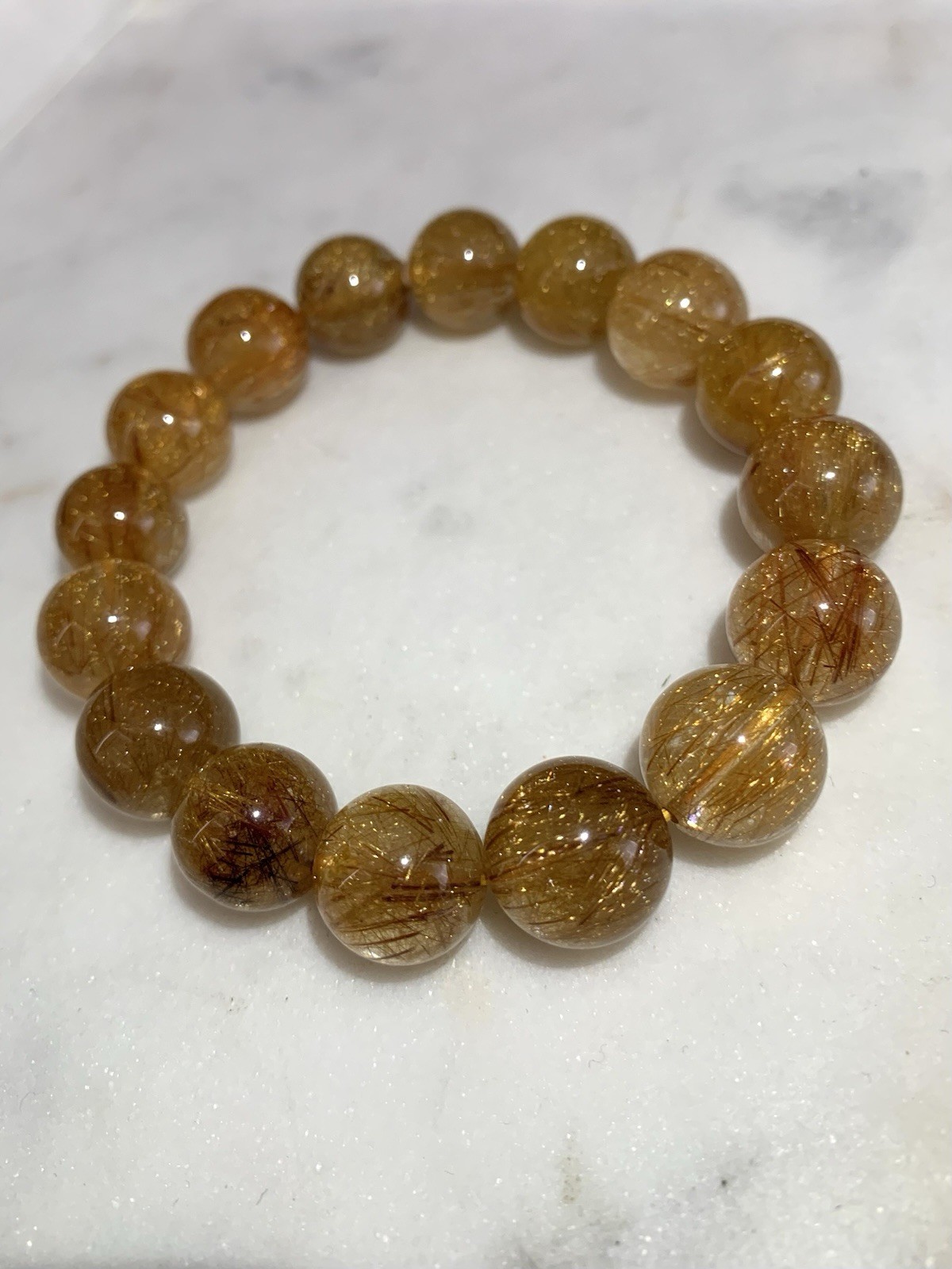 13.7mm Natural Golden Rutilated Quartz Bracelet Gold Rutile Crystal Beads